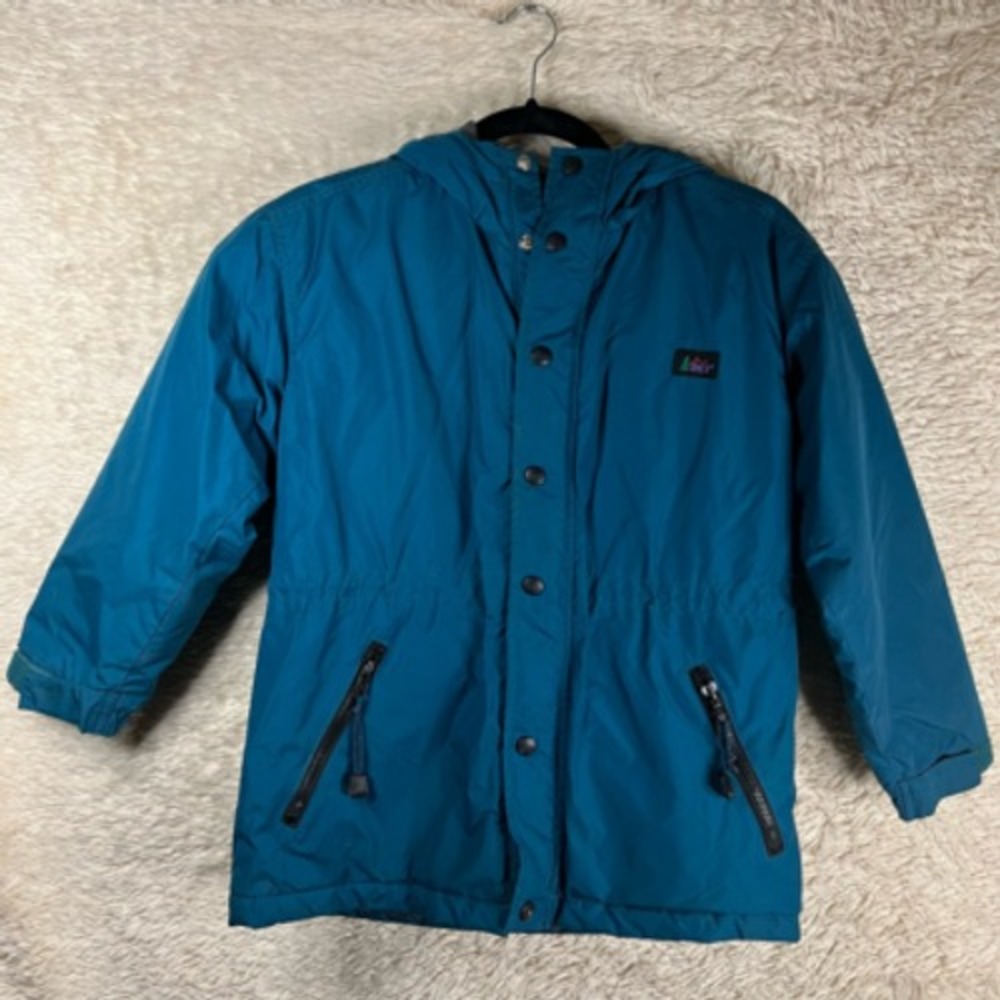 REI‎ Girls Jacket Teal Blue Zip Pockets Snap Buttons Hooded Long Sleeve M 8/10